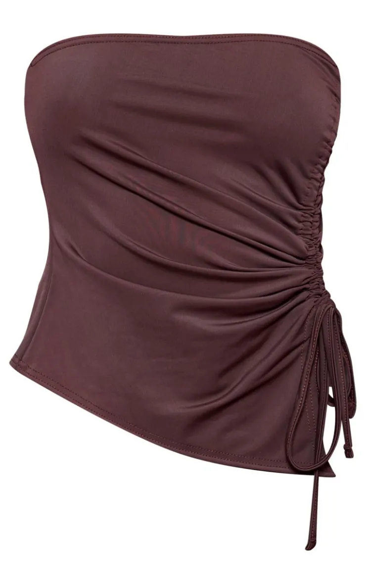 Hot PrettyLittleThing Chocolate Matte Touch Ruched Side Bandeau Chocolate.