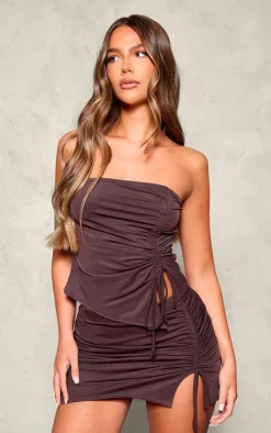 Clearance PrettyLittleThing Chocolate Matte Touch Ruched Side Mini Skirt Chocolate.
