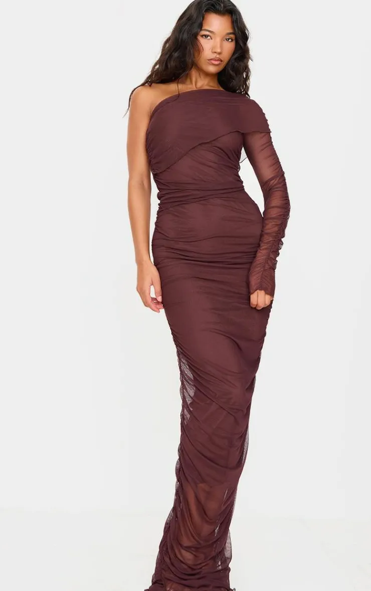 Chocolate Mesh Bardot One Sleeve Maxi Dress-PrettyLittleThing New