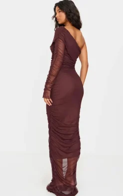 Chocolate Mesh Bardot One Sleeve Maxi Dress-PrettyLittleThing New