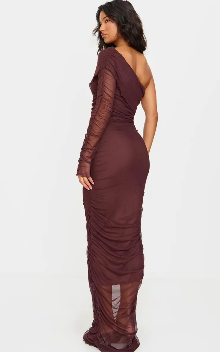 Chocolate Mesh Bardot One Sleeve Maxi Dress-PrettyLittleThing New