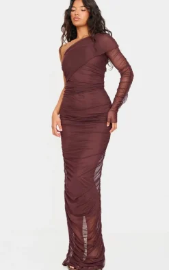 Chocolate Mesh Bardot One Sleeve Maxi Dress-PrettyLittleThing New