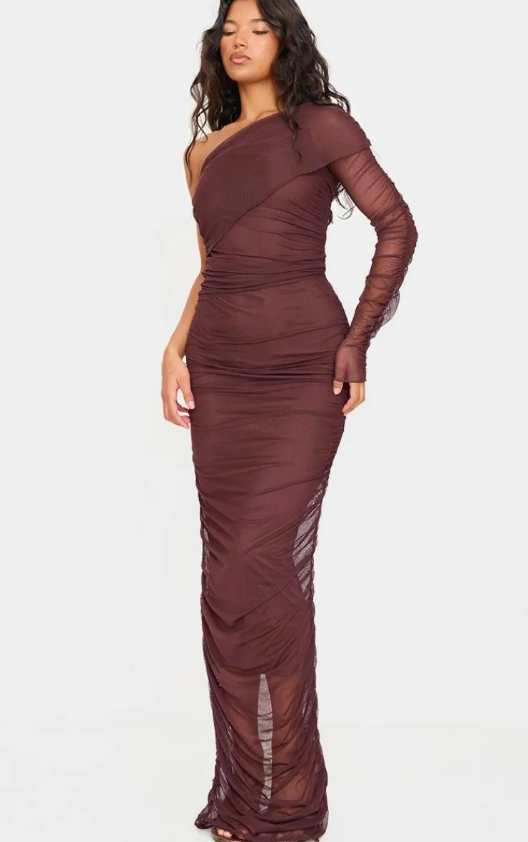 Chocolate Mesh Bardot One Sleeve Maxi Dress-PrettyLittleThing New