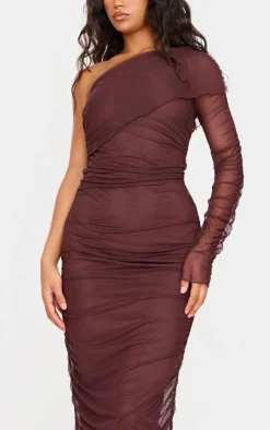 Chocolate Mesh Bardot One Sleeve Maxi Dress-PrettyLittleThing New