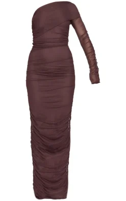 Chocolate Mesh Bardot One Sleeve Maxi Dress-PrettyLittleThing New