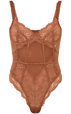 Chocolate Mesh Frill Detail Panelling Lace Bodysuit