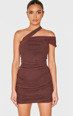 Chocolate Mesh Neck Detail Mini Dress-PrettyLittleThing