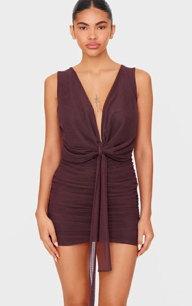 Chocolate Mesh Plunge Knot Detail Mini Dress-PrettyLittleThing Outlet