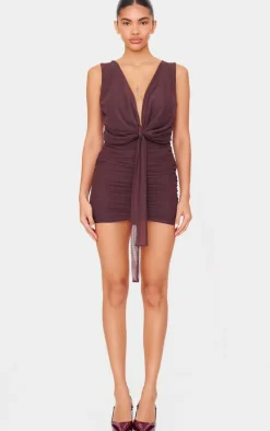 Chocolate Mesh Plunge Knot Detail Mini Dress-PrettyLittleThing Outlet