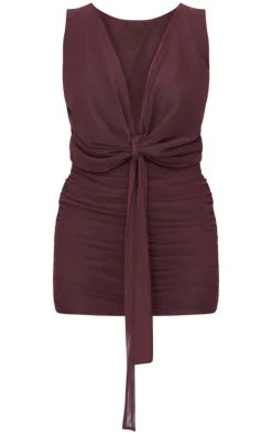Chocolate Mesh Plunge Knot Detail Mini Dress-PrettyLittleThing Outlet