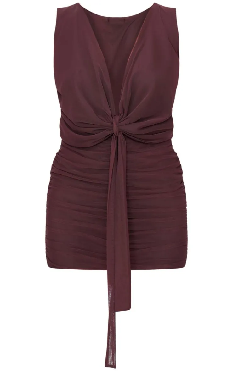 Chocolate Mesh Plunge Knot Detail Mini Dress-PrettyLittleThing Outlet