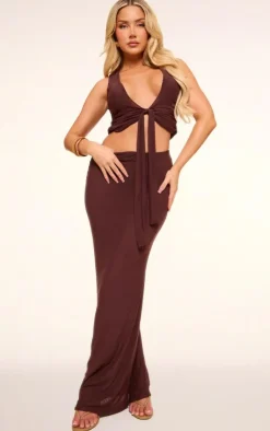 Online PrettyLittleThing Mesh Plunge Ruched Long Top Chocolate