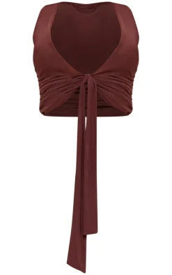 Online PrettyLittleThing Mesh Plunge Ruched Long Top Chocolate
