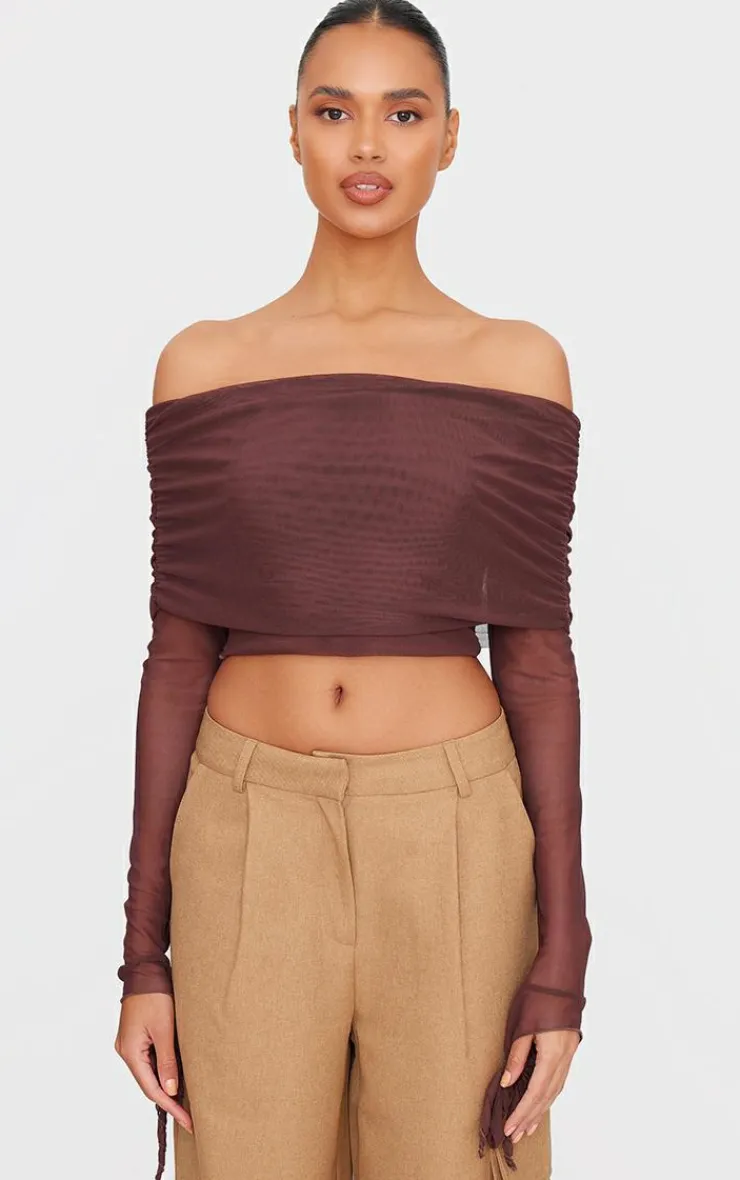 Chocolate Mesh Ultra Long Drape Sleeve Crop Top-PrettyLittleThing New