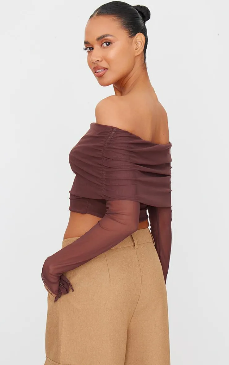 Chocolate Mesh Ultra Long Drape Sleeve Crop Top-PrettyLittleThing New