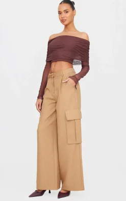 Chocolate Mesh Ultra Long Drape Sleeve Crop Top-PrettyLittleThing New