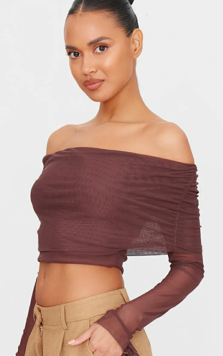 Chocolate Mesh Ultra Long Drape Sleeve Crop Top-PrettyLittleThing New