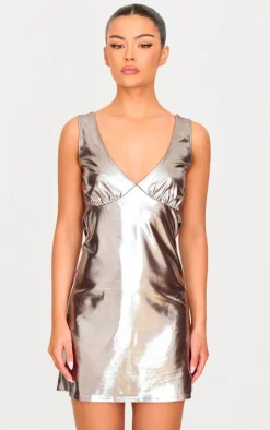 Chocolate Metallic Cowl Back Shift Dress-PrettyLittleThing Online