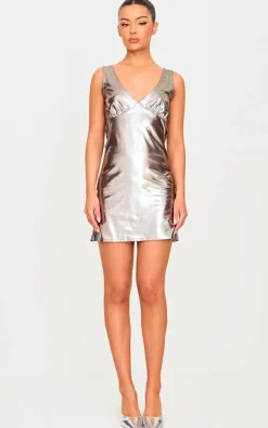 Chocolate Metallic Cowl Back Shift Dress-PrettyLittleThing Online