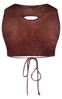 Clearance PrettyLittleThing Metallic Jersey Racer Open Back Crop Top Chocolate