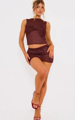 Hot PrettyLittleThing Metallic Textured Micro Mini Skirt Chocolate