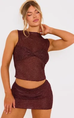 Hot PrettyLittleThing Metallic Textured Micro Mini Skirt Chocolate