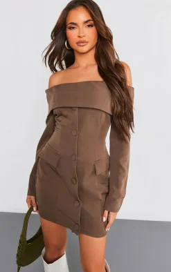 Off Shoulder Button Front Shift Blazer Dress-PrettyLittleThing Online