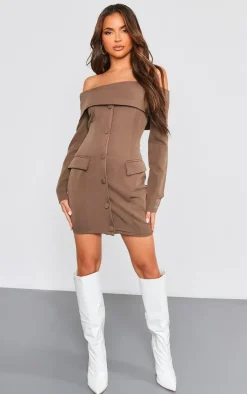 Off Shoulder Button Front Shift Blazer Dress-PrettyLittleThing Online