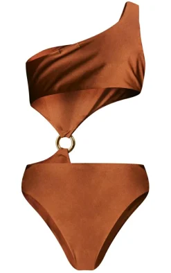 Chocolate One Shoulder O Ring Cut Out Swimsuit