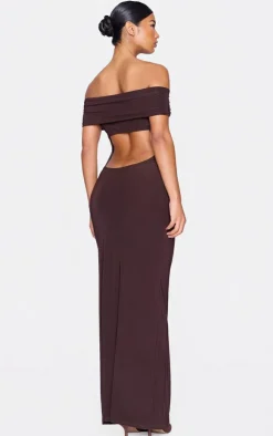 Chocolate Open Back Bardot Maxi Dress-PrettyLittleThing Discount