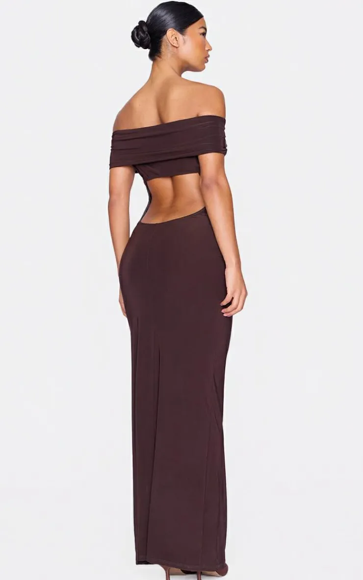 Chocolate Open Back Bardot Maxi Dress-PrettyLittleThing Discount
