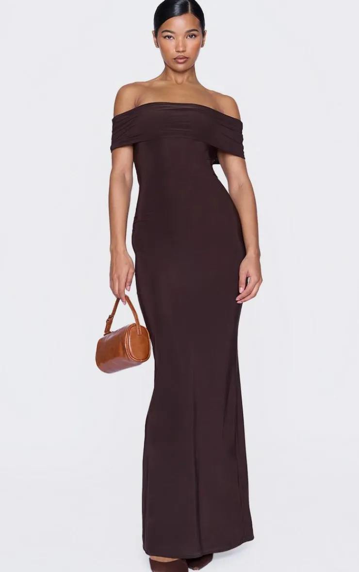 Chocolate Open Back Bardot Maxi Dress-PrettyLittleThing Discount