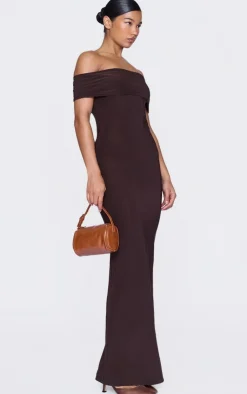 Chocolate Open Back Bardot Maxi Dress-PrettyLittleThing Discount