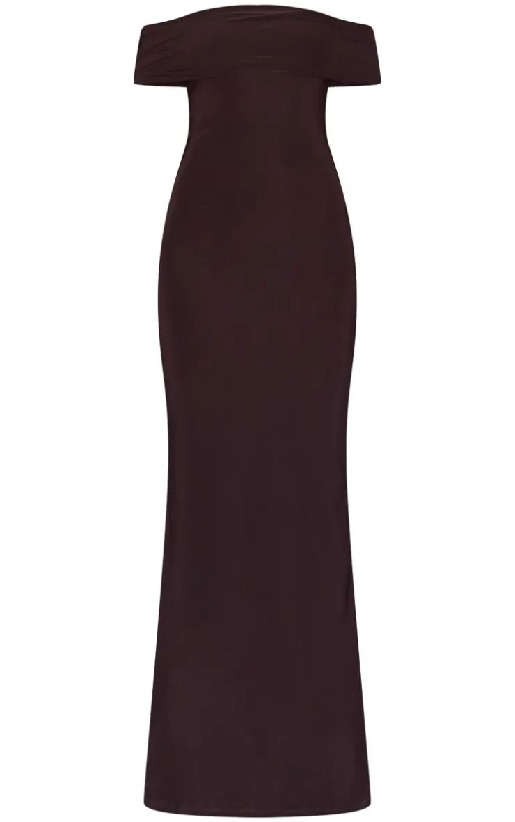 Chocolate Open Back Bardot Maxi Dress-PrettyLittleThing Discount