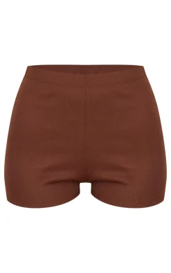 Best PrettyLittleThing Chocolate Ottoman Ribbed Hot Pants Chocolate.