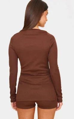 Outlet PrettyLittleThing Chocolate Ottoman Ribbed Detail Long Sleeve Top Chocolate.