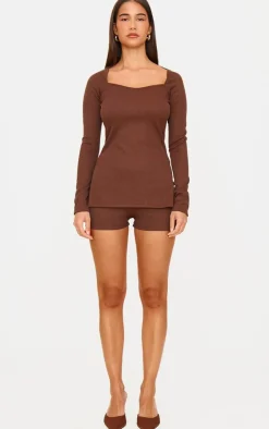 Outlet PrettyLittleThing Chocolate Ottoman Ribbed Detail Long Sleeve Top Chocolate.