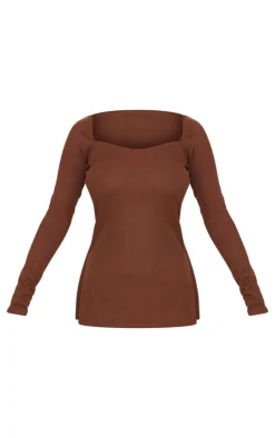 Outlet PrettyLittleThing Chocolate Ottoman Ribbed Detail Long Sleeve Top Chocolate.