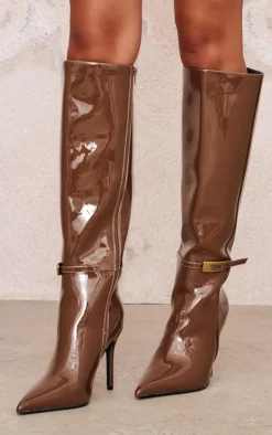 PrettyLittleThing Wide Fit Boots*Chocolate Patent PU Wide Fit Point Toe Knee High Stiletto Heeled Boots
