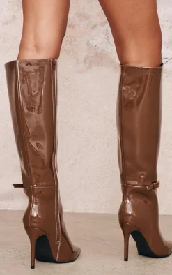 PrettyLittleThing Wide Fit Boots*Chocolate Patent PU Wide Fit Point Toe Knee High Stiletto Heeled Boots