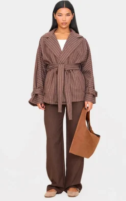 Chocolate Pinstripe Tie Waist Trench Coat