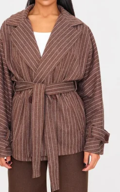 Chocolate Pinstripe Tie Waist Trench Coat