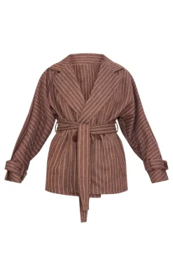 Chocolate Pinstripe Tie Waist Trench Coat
