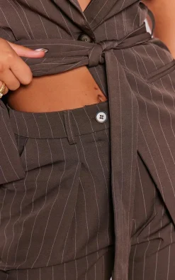 Best PrettyLittleThing Pinstripe Woven Tailored Wide Leg Pants Chocolate