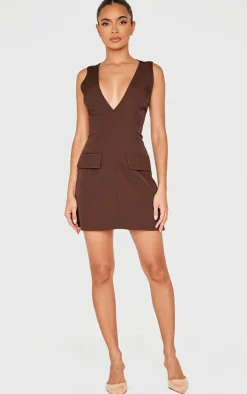 Chocolate Plunge Pocket Detail Mini Dress-PrettyLittleThing