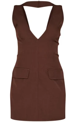 Chocolate Plunge Pocket Detail Mini Dress-PrettyLittleThing
