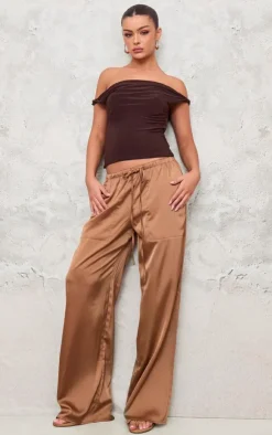 PrettyLittleThing Christmas Day Outfits*Chocolate Premium Satin Low Rise Drawstring Pants