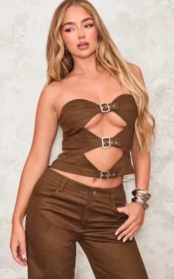 Online PrettyLittleThing Premium Twill Cut Out Buckle Bandeau Chocolate