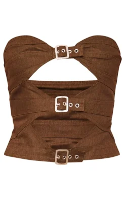 Online PrettyLittleThing Premium Twill Cut Out Buckle Bandeau Chocolate