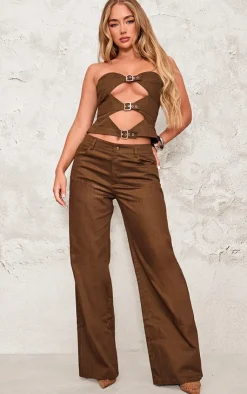 Clearance PrettyLittleThing Premium Twill Mid Rise Wide Leg Pant Chocolate